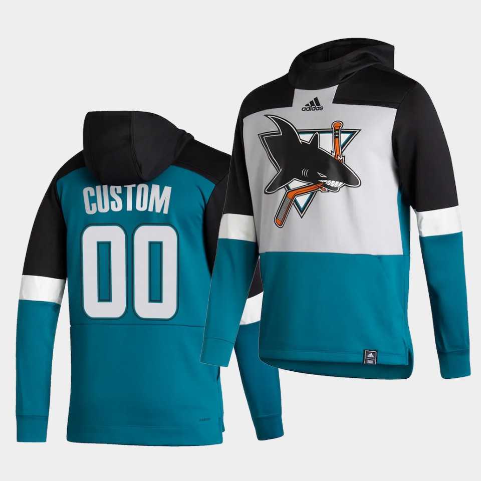Men San Jose Sharks 00 Custom Blue NHL 2021 Adidas Pullover Hoodie Jersey